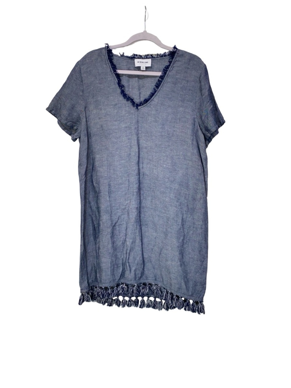 Highline Collective Blue Fray Detail Shift Dress with Fringe Hem - Picture 2 of 4